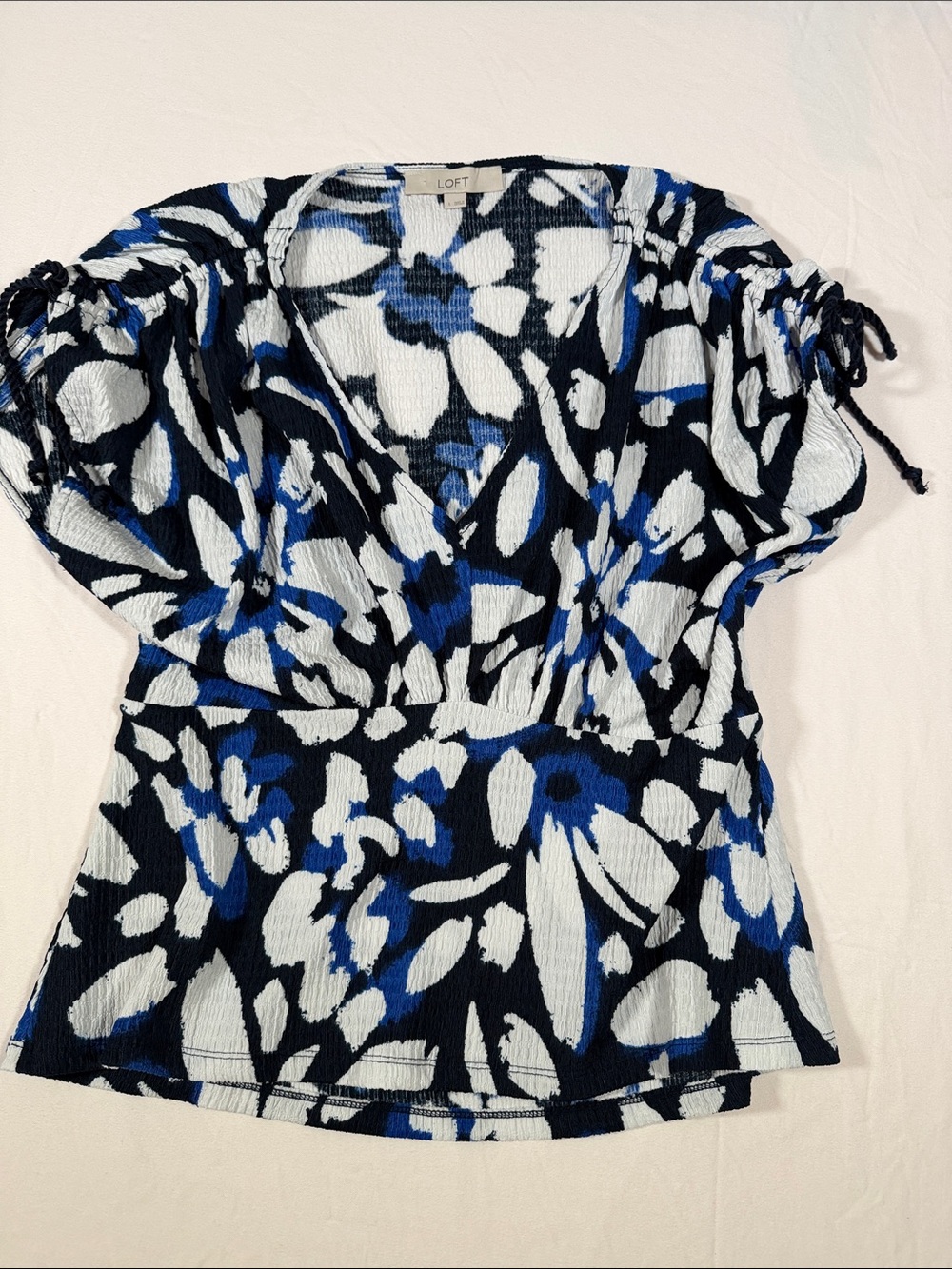 LOFT Black, White & Blue Floral V-Neck Tie-Sleeve Top
